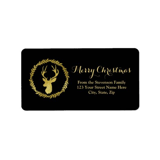 Zwart Goud Herten Krans Kerstmis Adreslabel Etiket (Voorkant)