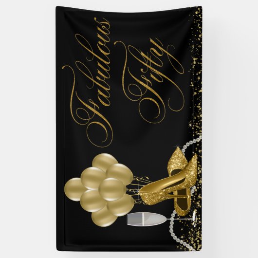 Zwart Goud Hoge Hak Schoen Parels 50ste Verjaardag Spandoek (Verticaal)