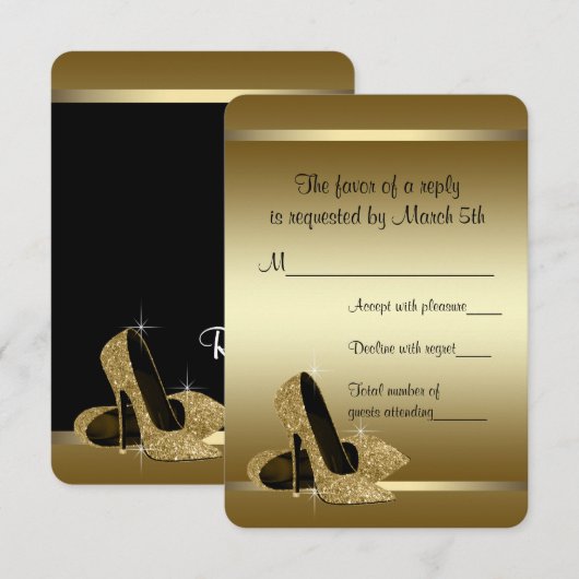 Zwart Goud Hoge Hakken RSVP Kaartje (Voorkant / Achterkant)