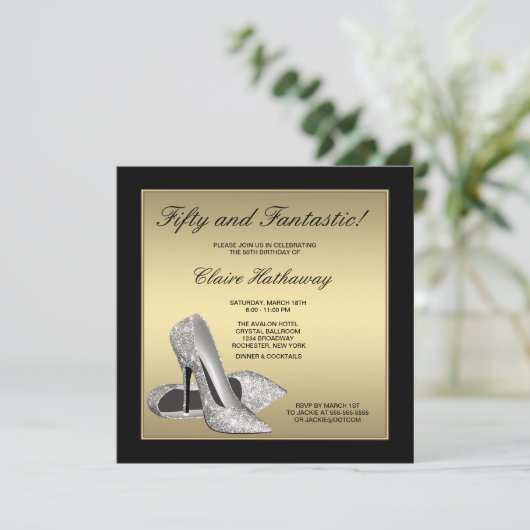 Zwart Goud Hoge Hakken Vrouwen 50ste Verjaardag Kaart (Staand voorkant)