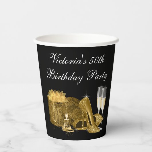 Zwart Goud Hoge hiel Schoen Verjaardagsfeestje Pap Papieren Bekers (Achterkant)