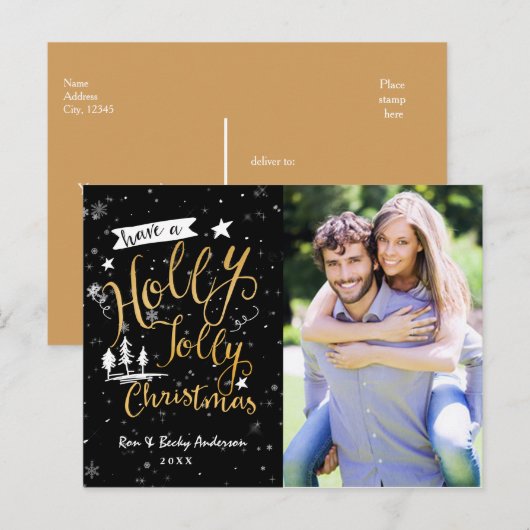 Zwart & Goud HOLLY JOLLY KERSTKAART Feestdagenkaart (Voorkant / Achterkant)