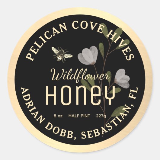 Zwart Goud Honing Label Waterverf Flower Bee (Voorkant)