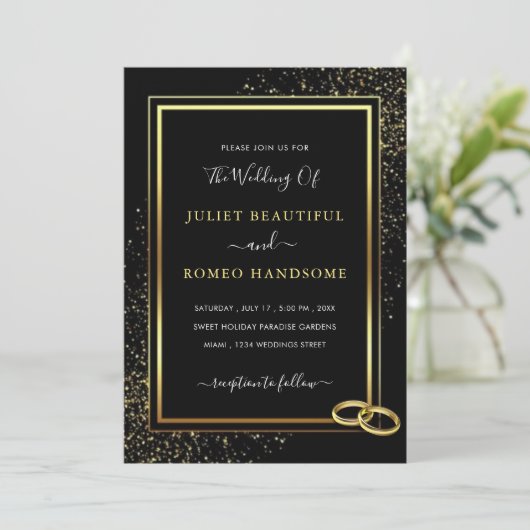 Zwart Goud ingelijst Glitter bruiloft uitnodiging (Staand voorkant)