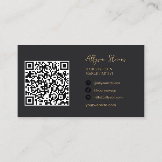 Zwart Goud Initialen Logo Make-up Artiest QR Code Visitekaartje (Achterkant)