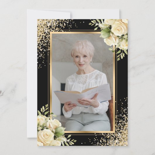 Zwart Goud Ivoor Bloemen Foto Viering van het Leve Kaart (Achterkant)