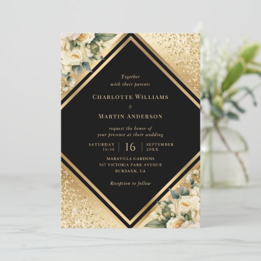 Zwart Goud Ivoor Cream Confetti Bloemen Huwelijk Kaart (Staand voorkant)