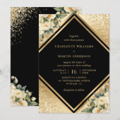 Zwart Goud Ivoor Cream Confetti Bloemen Huwelijk Kaart (Voorkant / Achterkant)