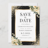 Zwart Goud Ivoor Roos Confetti Bloemen Huwelijk Save The Date (Voorkant)