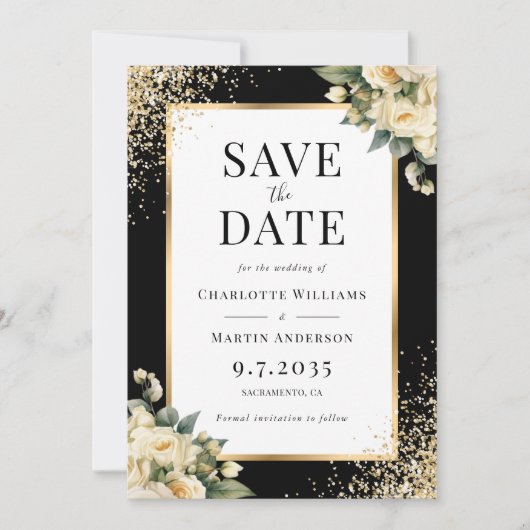 Zwart Goud Ivoor Roos Confetti Bloemen Huwelijk Save The Date (Voorkant)