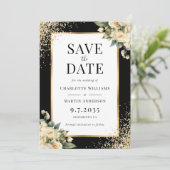 Zwart Goud Ivoor Roos Confetti Bloemen Huwelijk Save The Date (Staand voorkant)