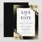 Zwart Goud Ivoor Roos Confetti Bloemen Huwelijk Save The Date (Voorkant / Achterkant)