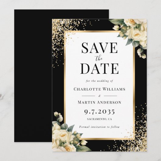 Zwart Goud Ivoor Roos Confetti Bloemen Huwelijk Save The Date (Voorkant / Achterkant)