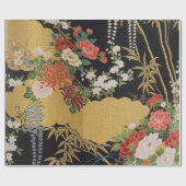 Zwart Goud Japans Kimono Bloemen Decoupage Gift Cadeaupapier (Vlak)