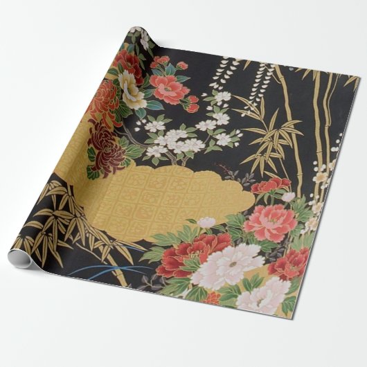 Zwart Goud Japans Kimono Bloemen Decoupage Gift Cadeaupapier (Uitgerold)