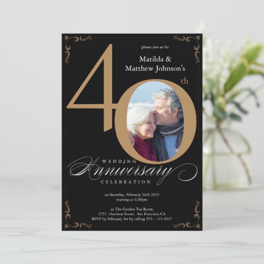 Zwart Goud Kalligrafie 40e Bruiloft Jubileum Kaart (Staand voorkant)