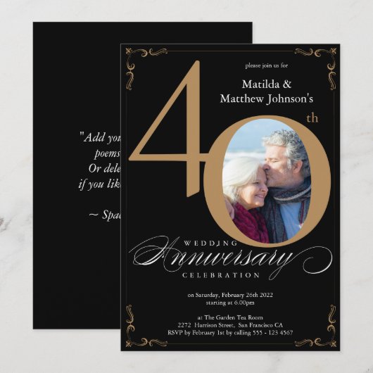 Zwart Goud Kalligrafie 40e Bruiloft Jubileum Kaart (Voorkant / Achterkant)