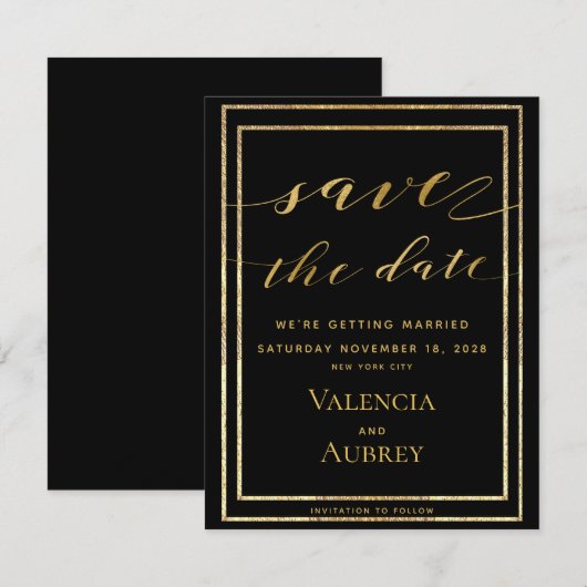 Zwart & Goud Kallistig Huwelijk Save The Date (Voorkant / Achterkant)