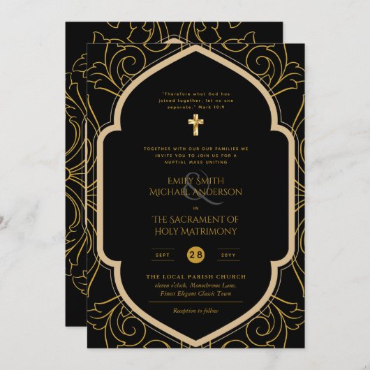 Zwart Goud  Katholiek Nuptial Mass Bruiloft Kaart (Voorkant / Achterkant)