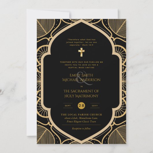 Zwart Goud  Katholiek Nuptial Mass Bruiloft Kaart (Voorkant)