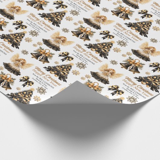 Zwart Goud Kerst Afbeeldingen Cadeaupapier (Hoek)