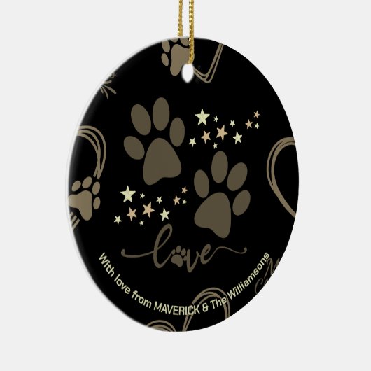 Zwart Goud Kerst HOND PAW PRINTS Gepersonaliseerd Keramisch Ornament (Rechts)