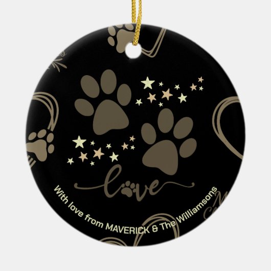 Zwart Goud Kerst HOND PAW PRINTS Gepersonaliseerd Keramisch Ornament (Voorkant)