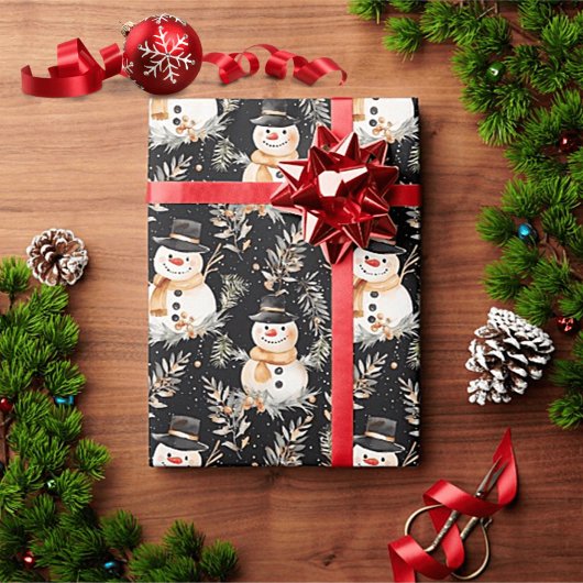 Zwart & Goud Kerst Sneeuwman Inpakpapier