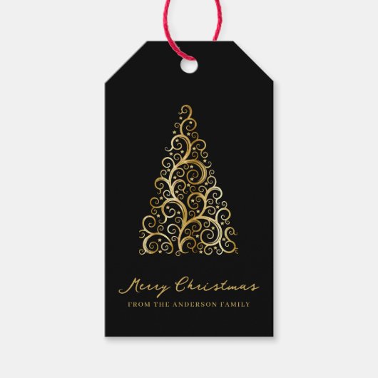 Zwart Goud Kerstboom Elegant Custom Cadeaulabel (Voorkant)