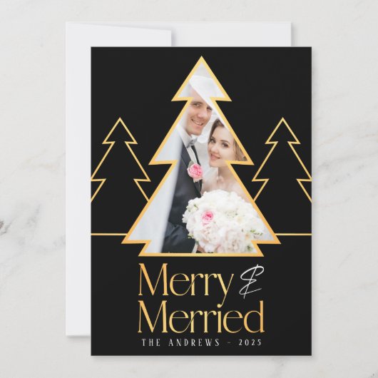 Zwart & Goud Kerstboom Pas getrouwd Foto Feestdagenkaart (Voorkant)