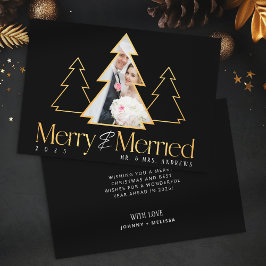Zwart & Goud Kerstboom Pas getrouwd Foto Feestdagenkaart
