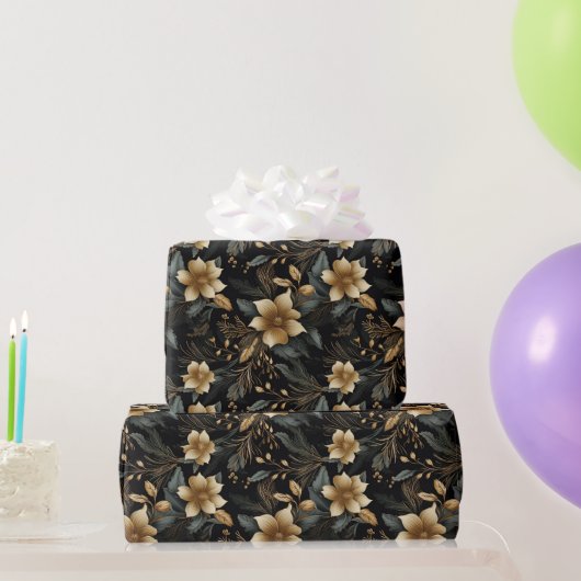 Zwart Goud Kerstmis Bloemen Wit Poinsettia Cadeaupapier (Feestgeschenken)