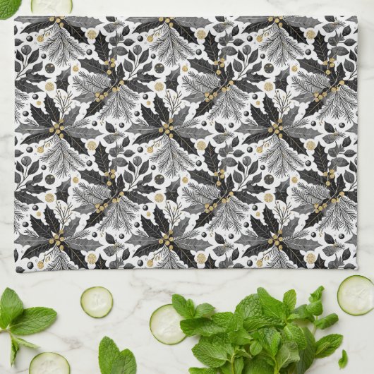 Zwart Goud Kerstmis Merry Pattern#17 ID1009 Theedoek (Gevouwen)