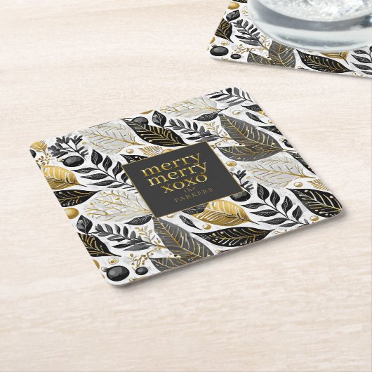 Zwart Goud Kerstmis Merry Pattern#21 ID1009 Kartonnen Onderzetters (Schuin)