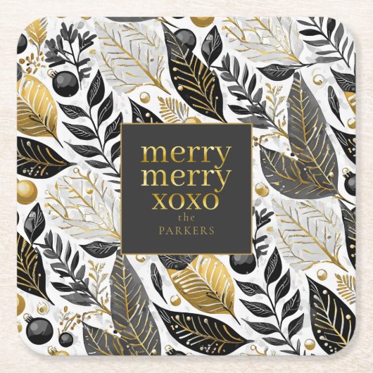 Zwart Goud Kerstmis Merry Pattern#21 ID1009 Kartonnen Onderzetters (Voorkant)