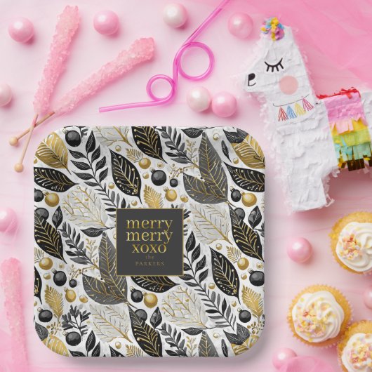 Zwart Goud Kerstmis Merry Pattern#21 ID1009 Papieren Bordje (Feest)