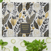 Zwart Goud Kerstmis Merry Pattern#21 ID1009 Theedoek (Gevouwen)