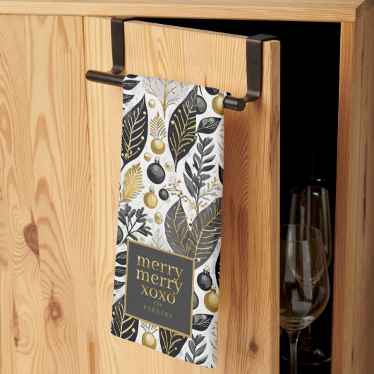 Zwart Goud Kerstmis Merry Pattern#21 ID1009 Theedoek (Derde Gevouwen)