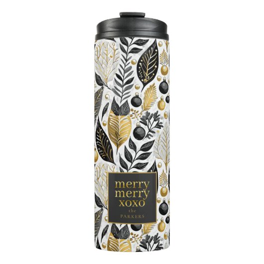 Zwart Goud Kerstmis Merry Pattern#21 ID1009 Thermosbeker (Voorkant)