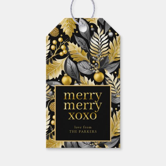 Zwart Goud Kerstmis Merry Pattern#22 ID1009 Cadeaulabel (Voorkant)