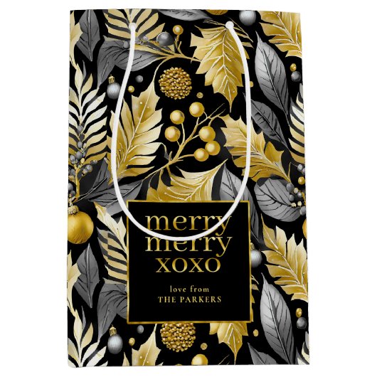 Zwart Goud Kerstmis Merry Pattern#22 ID1009 Medium Cadeauzakje (Voorkant)