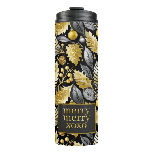 Zwart Goud Kerstmis Merry Pattern#22 ID1009 Thermosbeker (Voorkant)