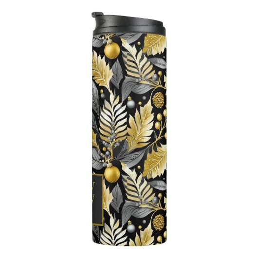 Zwart Goud Kerstmis Merry Pattern#22 ID1009 Thermosbeker (Geroteerd rechts)