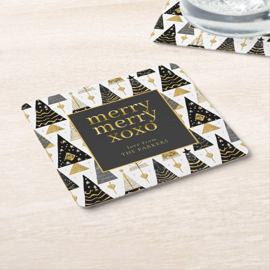 Zwart Goud Kerstmis Merry Pattern#25 ID1009 Kartonnen Onderzetters (Schuin)