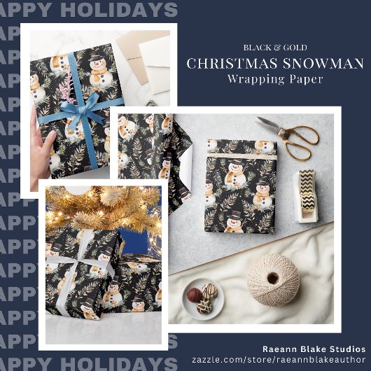 Zwart & Goud Kerstmis Sneeuwman Inpakpapier