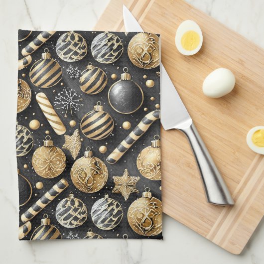 Zwart Goud Kerstmispatroon#12 ID1009 Theedoek (Quarter Fold)