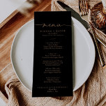Zwart Goud Klassiek Bruiloft Diner Menu<br><div class="desc">Deze zwart gouden klassieke huwelijksdiner menukaart is perfect voor een moderne bruiloft. Het eenvoudige en elegante ontwerp is voorzien van klassieke en fancy scripttypografie in verbrand goud. Dit menu kan worden gebruikt voor een huwelijksreceptie,  repetitiediner,  vrijgezellenfeest of een evenement.</div>