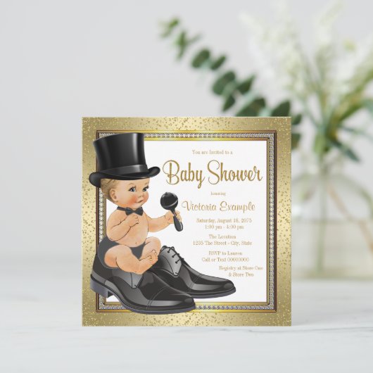 Zwart Goud Klein Man Baby shower Kaart (Staand voorkant)