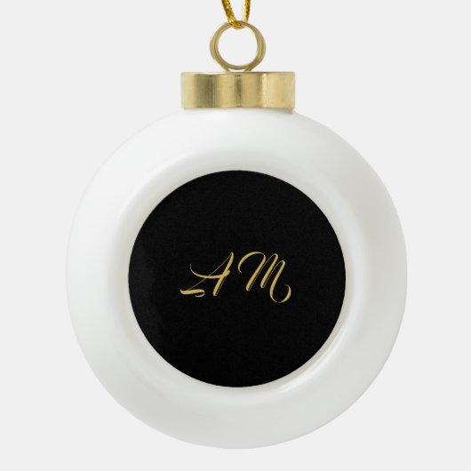Zwart Goud Kleuren Monogram Initiaal Kalligrafie Keramische Bal Ornament (Voorkant)