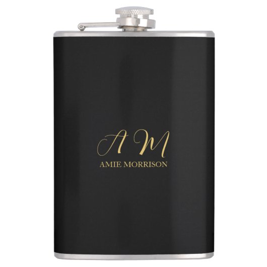 Zwart Goud Kleuren Monogram Initiaal Letternaam Heupfles (Voorkant)